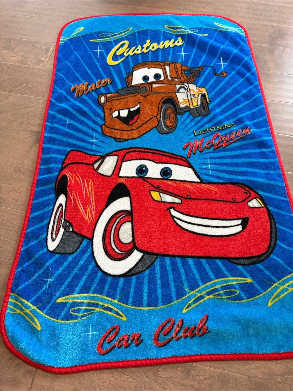 Vintage Disney Blue Kids Throw Blanket with Red Lightning McQueen & Mater